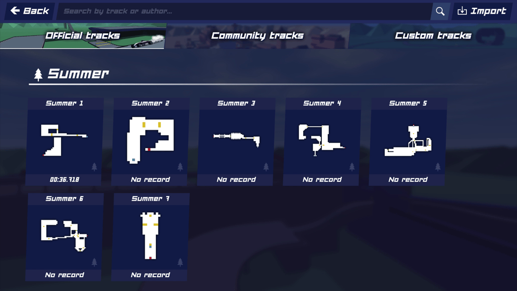 PolyTrack official track selection screen showing seven Summer courses and their layouts