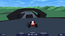 PolyTrack red race car approaching a large black arch on a low-poly racing circuit